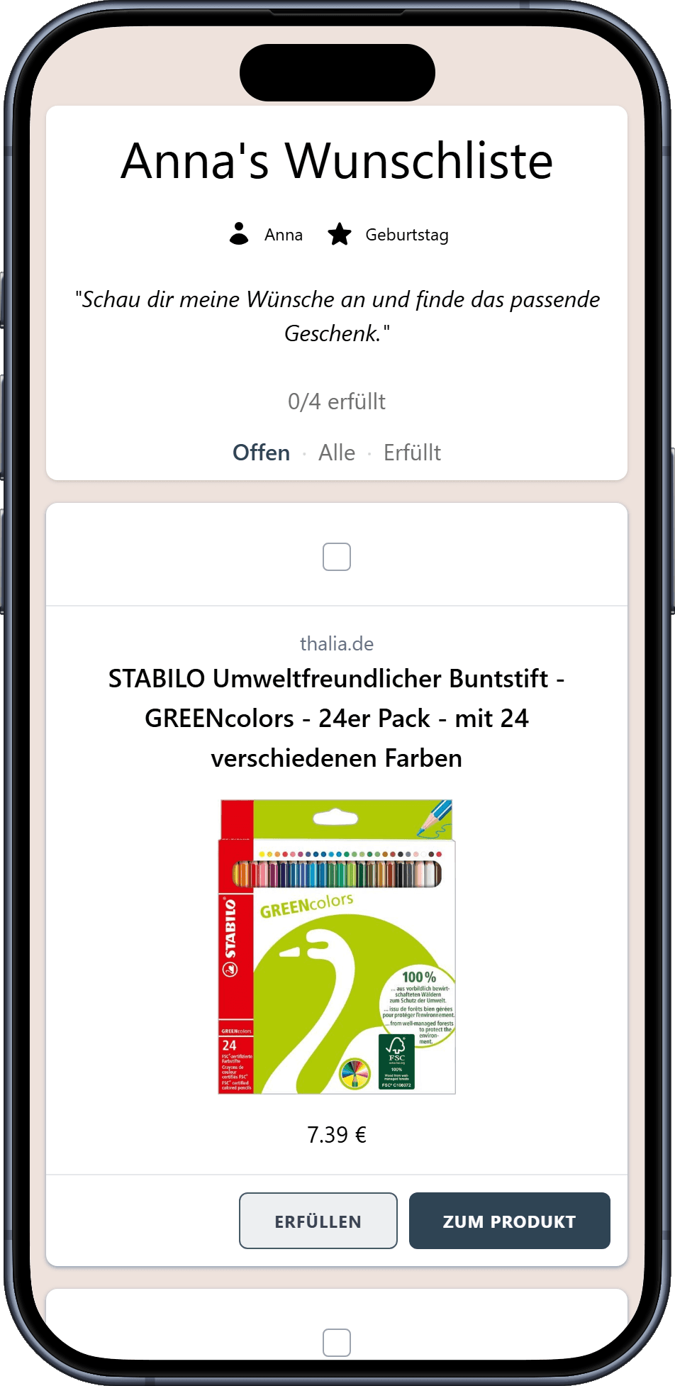 So sieht deine fertige Wunschliste aus