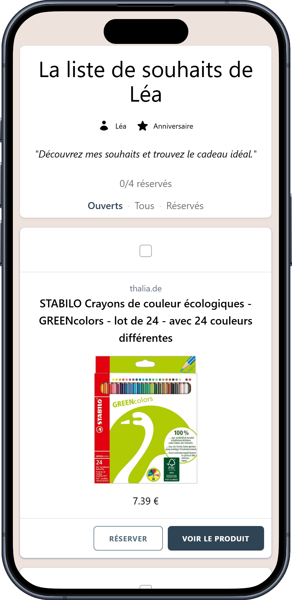 Exemple d'une liste de souhaits en ligne prête à être partagée avec vos proches
