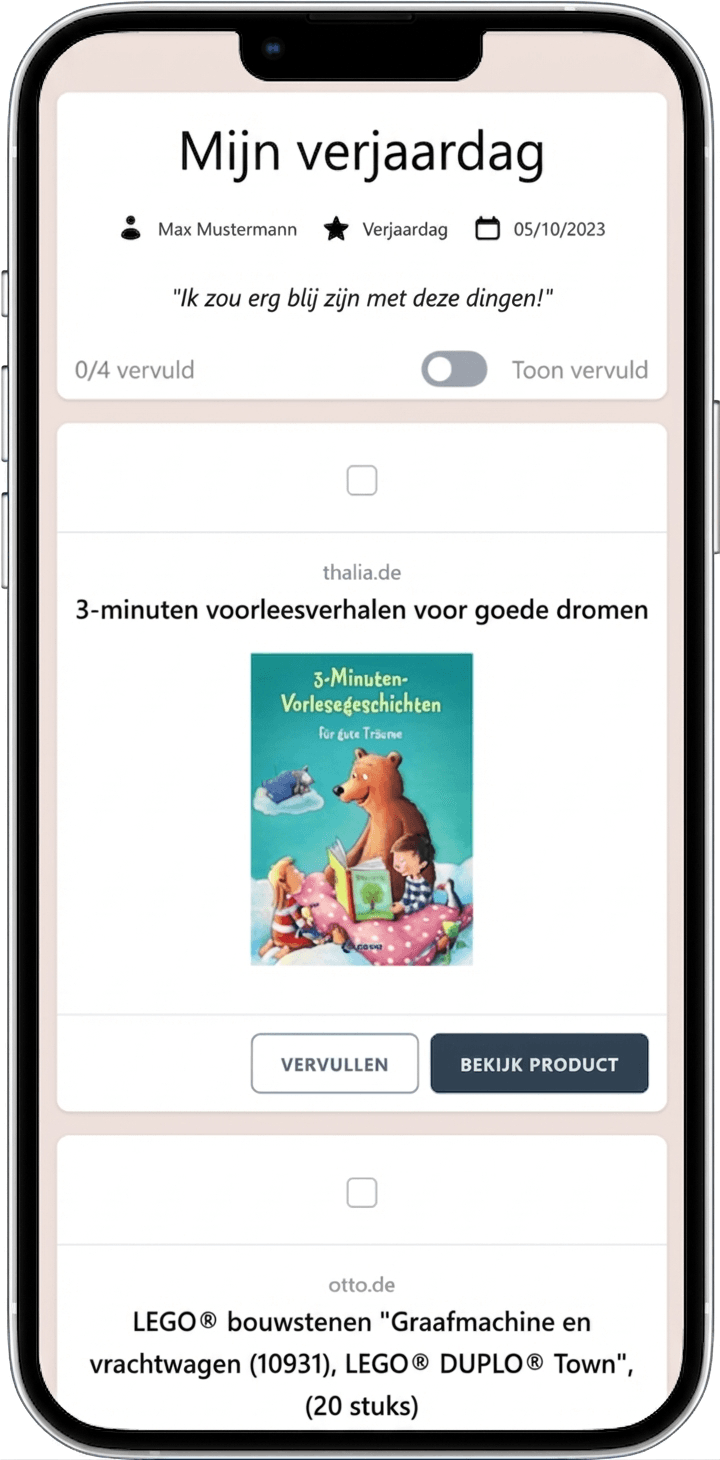 Voorbeeld van een voltooide online verlanglijst klaar om te delen met vrienden en familie