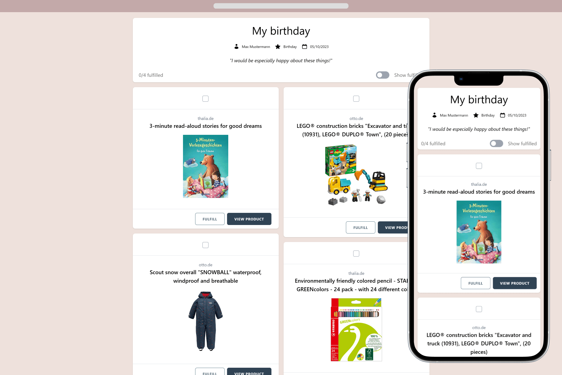 Example of a finished online wishlist ready to share with friends and family