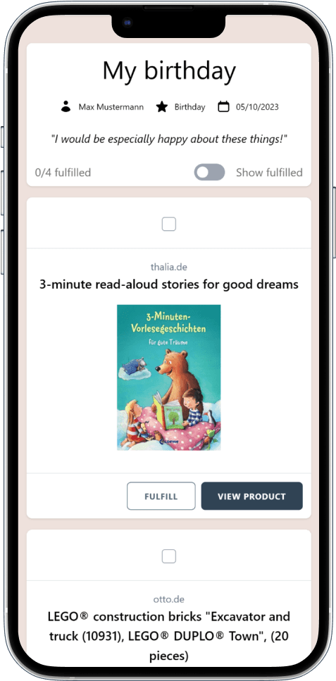 Example of a finished online wishlist ready to share with friends and family