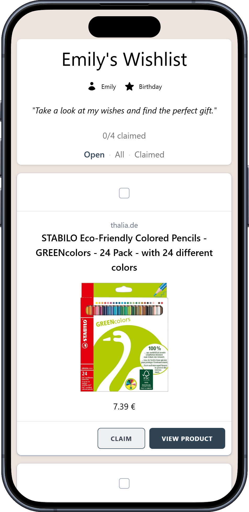 Example of a finished online wishlist ready to share with friends and family
