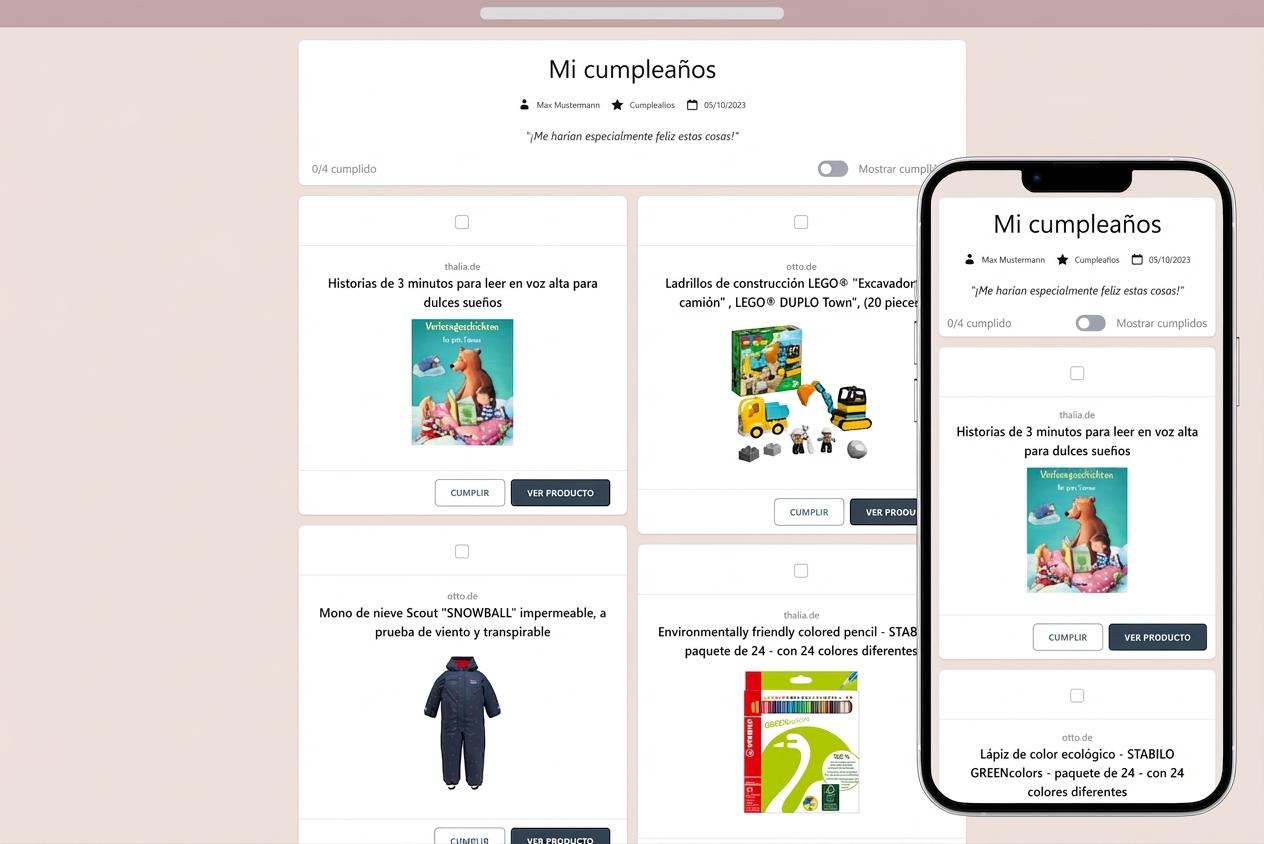 Ejemplo de una lista de deseos online terminada lista para compartir con amigos y familiares