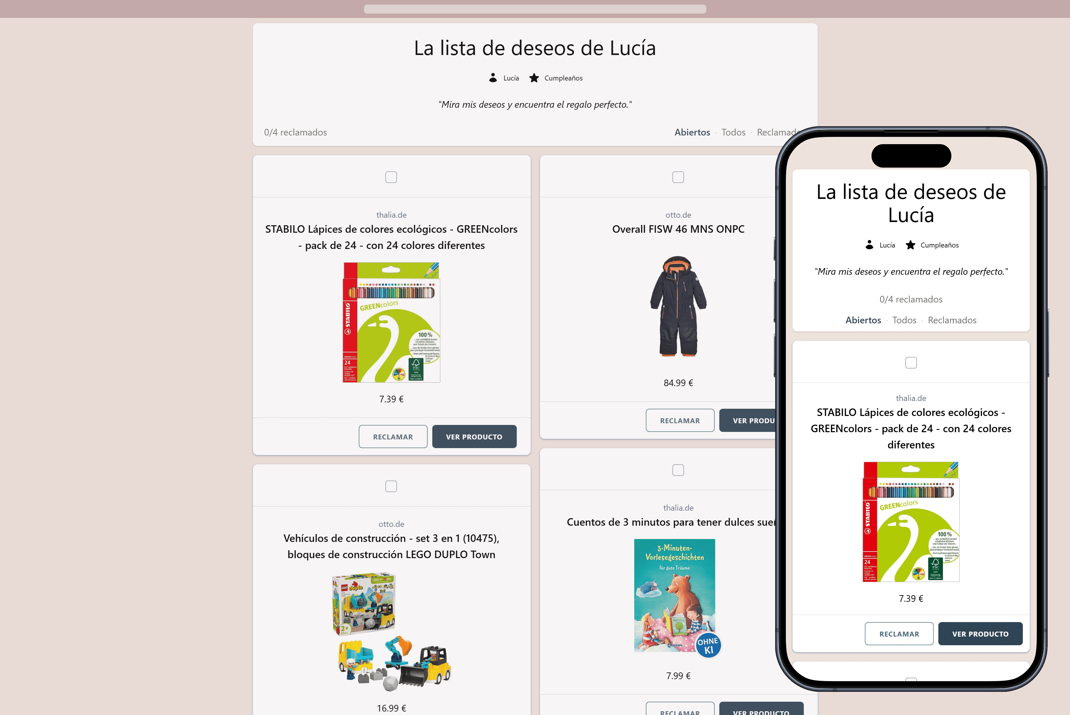 Ejemplo de una lista de deseos online terminada lista para compartir con amigos y familiares