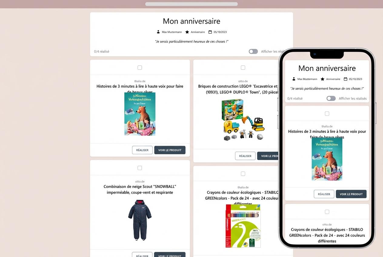 Exemple d'une liste de souhaits en ligne prête à être partagée avec vos proches