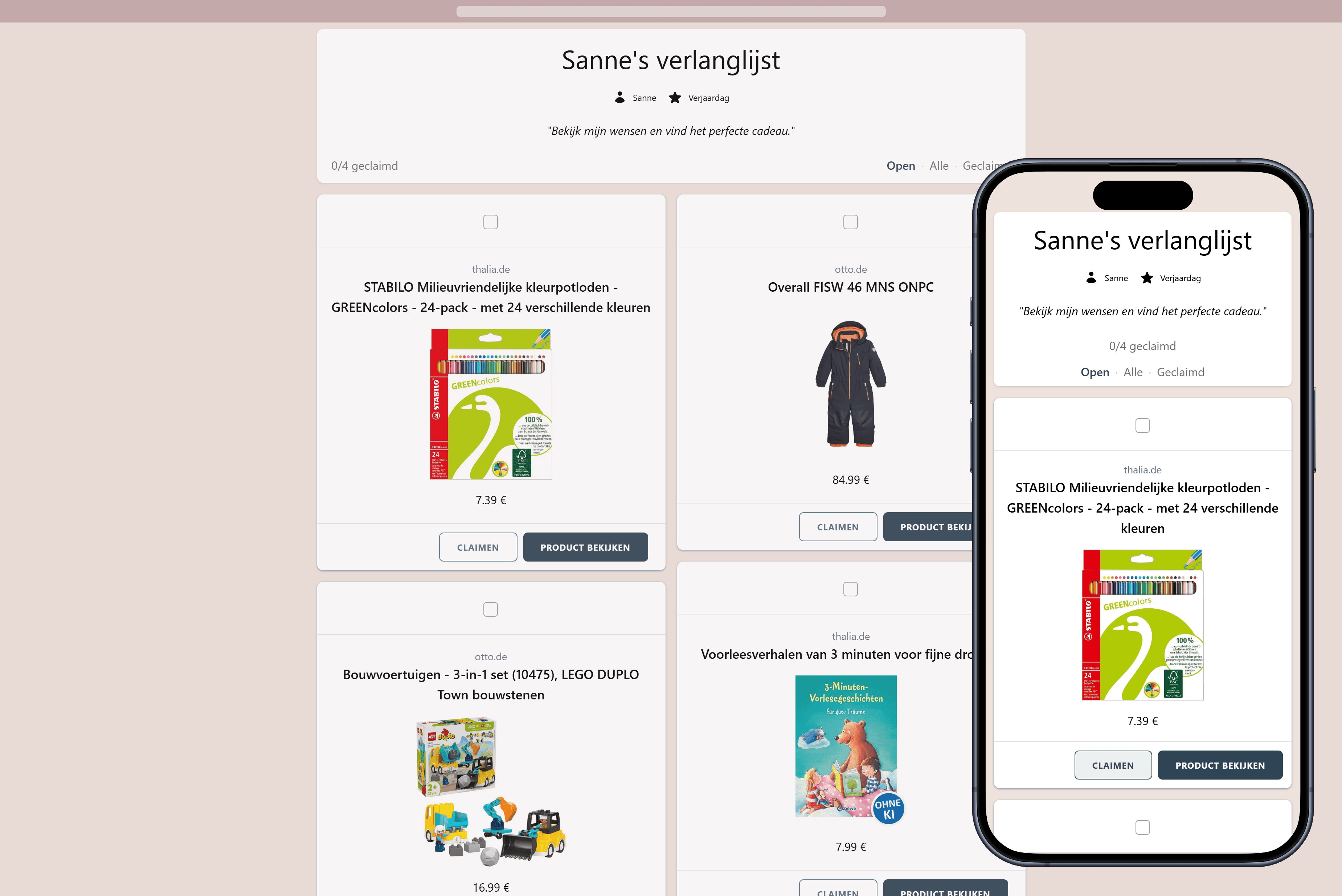 Voorbeeld van een voltooide online verlanglijst klaar om te delen met vrienden en familie